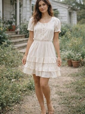 White Boho Cotton Mini Dress short sleeves Lace Ruffles Prairie Coquette